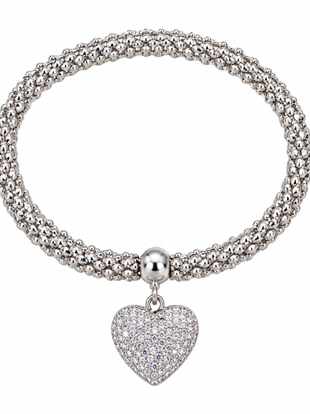 Guess Silver Beaded Stretch Bracelet with Pave Heart Charm